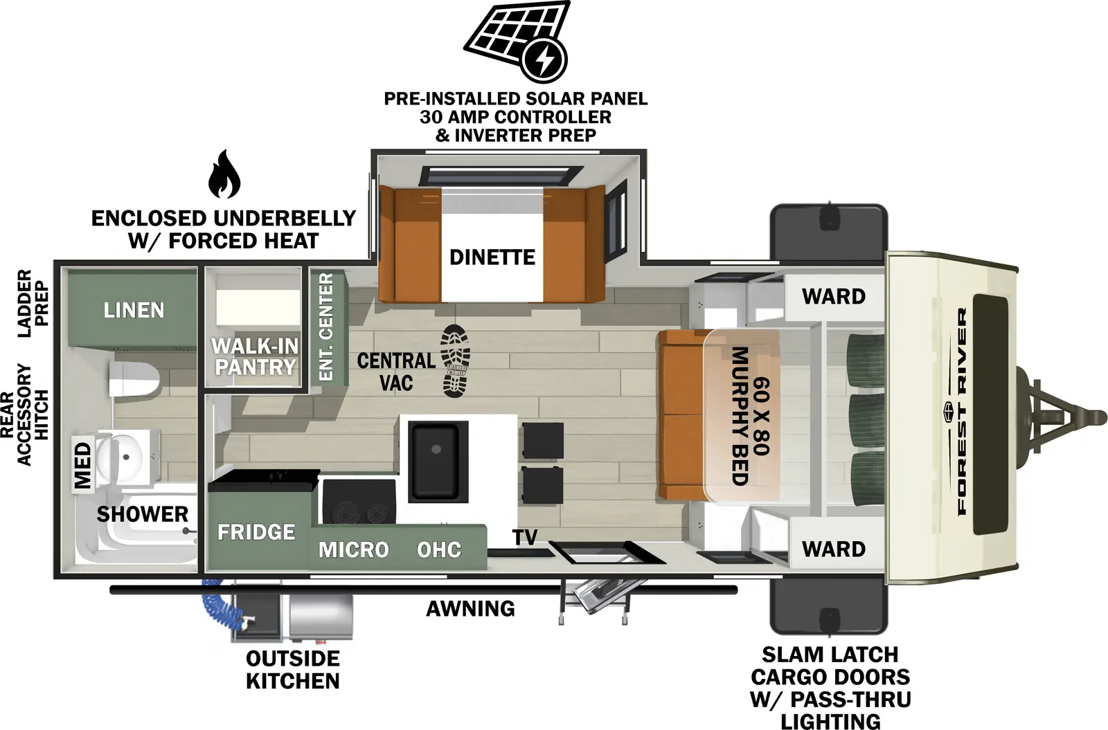 The No Boundaries NB20.4 floorplan has one entry and one slide out. Exterior features include: fiberglass exterior and 16' awning. Interiors features include: murphy bed and rear bathroom.